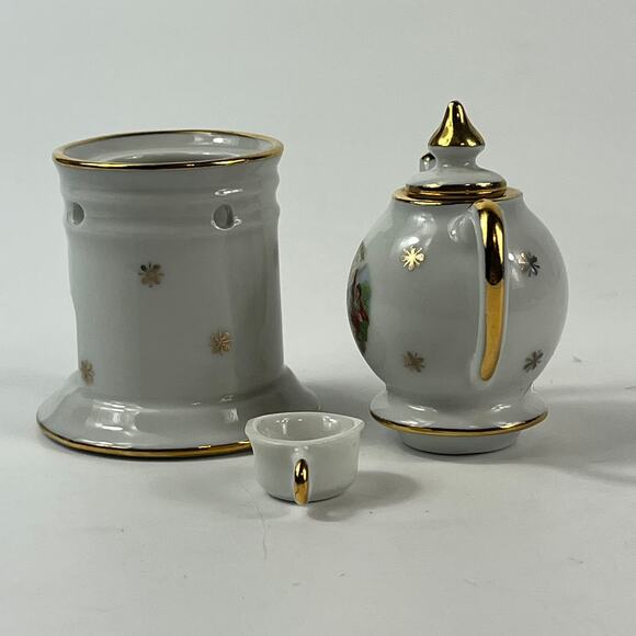 Limoges Miniature Teapot With Warmer Stand France White Mini Gold Trim Vintage - Picture 3 of 8